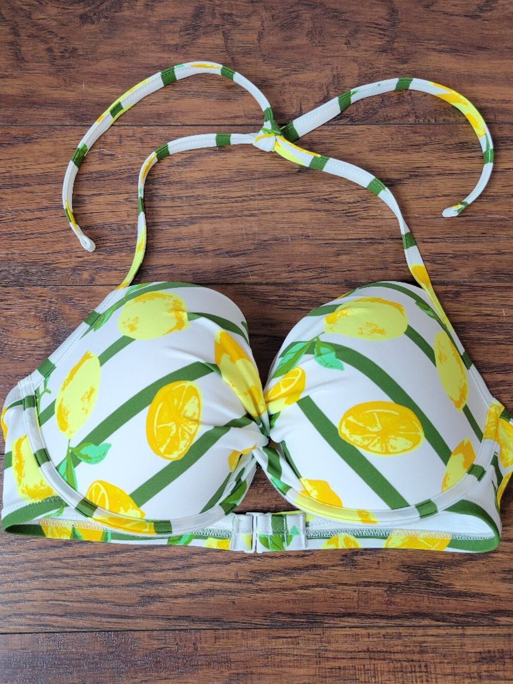 AERIE Lemon Stripe Underwire Push-Up Halter Bikini Swim Top sz 38DD EUC Beach